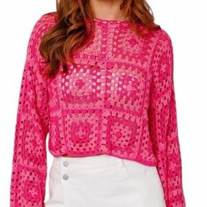 Le Lis "Judy" Pink/Fuchsia Crochet Granny Square Cropped Sweater M